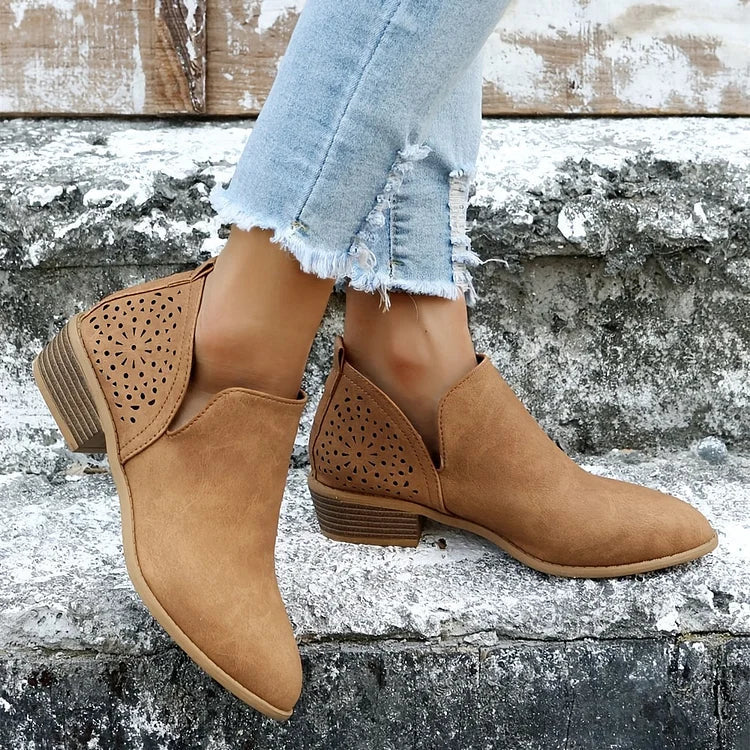 Women Perforated Floral Cutout Ankle Boots
