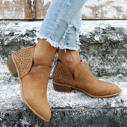 Women Perforated Floral Cutout Ankle Boots
