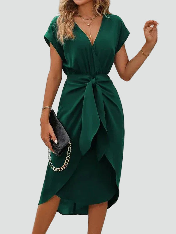 Elegant Green Satin Cocktail Dress for Women with V Neck Cap Sleeve Tulip Hem Wrap Style