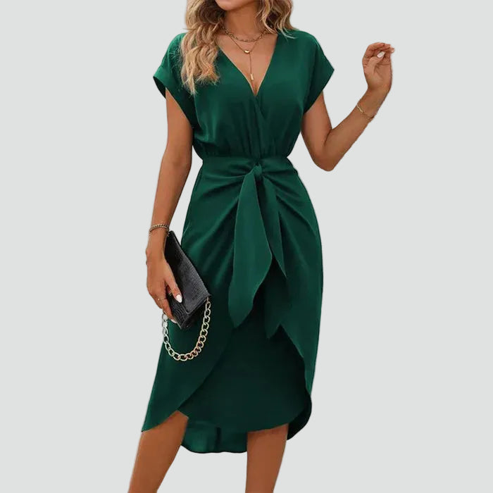 Elegant Green Satin Cocktail Dress for Women with V Neck Cap Sleeve Tulip Hem Wrap Style