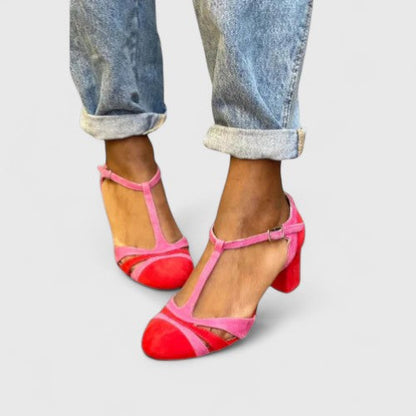 Elegant Berry Red Suede T-Strap Heel for Women with Round Toe Ankle Strap Vintage Style