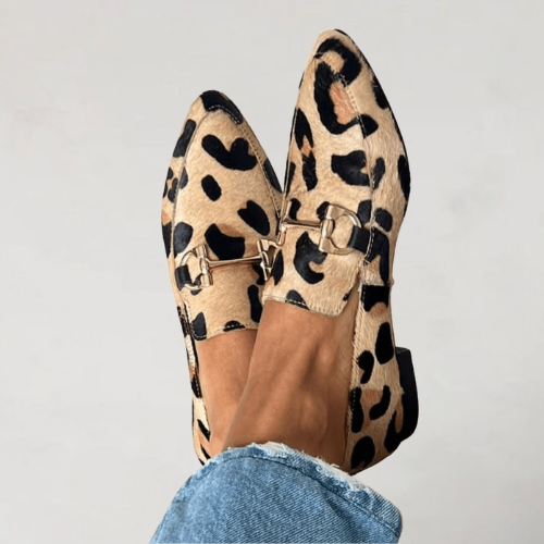 Elegant Leopard Print Calf Hair Loafers for Women with Pointed Toe Horsebit Buckle Flat Style