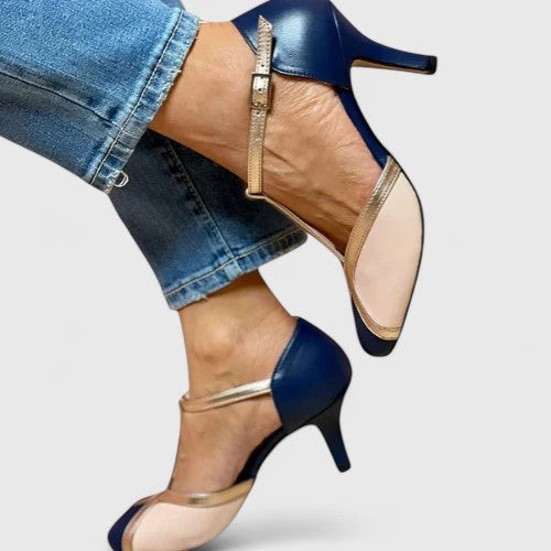 Elegant Color Block T-Strap Sandal for Women with Metallic Trim Buckle Ankle Kitten Heel Style