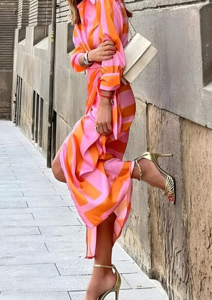Elegant Geometric Print Wrap Dress for Women with Collar Long Sleeve Tie Waist High Slit Flowing Style