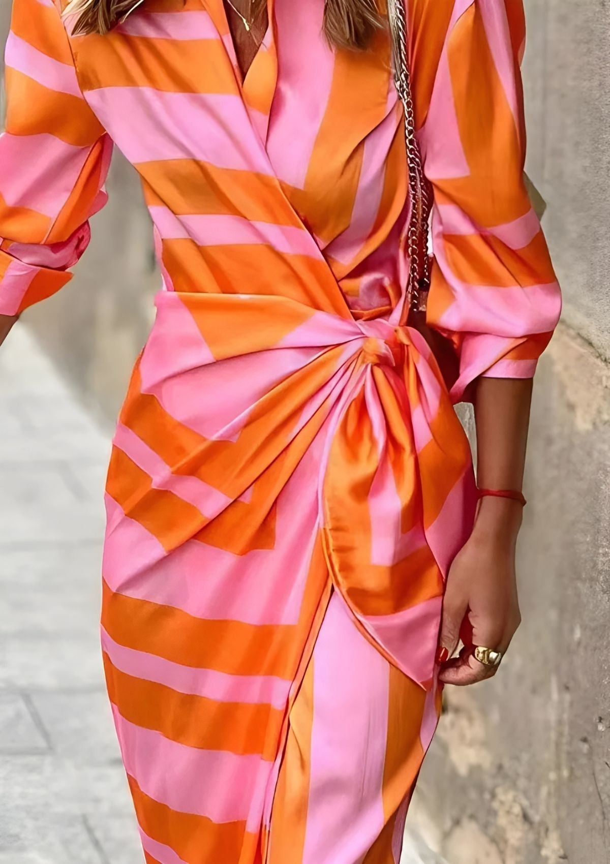 Elegant Geometric Print Wrap Dress for Women with Collar Long Sleeve Tie Waist High Slit Flowing Style