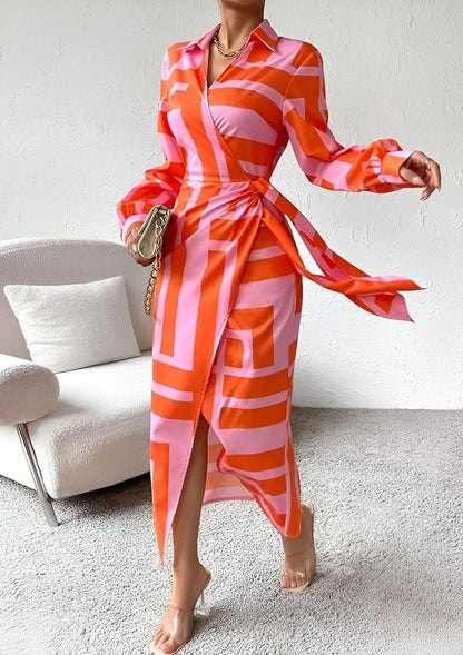 Elegant Geometric Print Wrap Dress for Women with Collar Long Sleeve Tie Waist High Slit Flowing Style