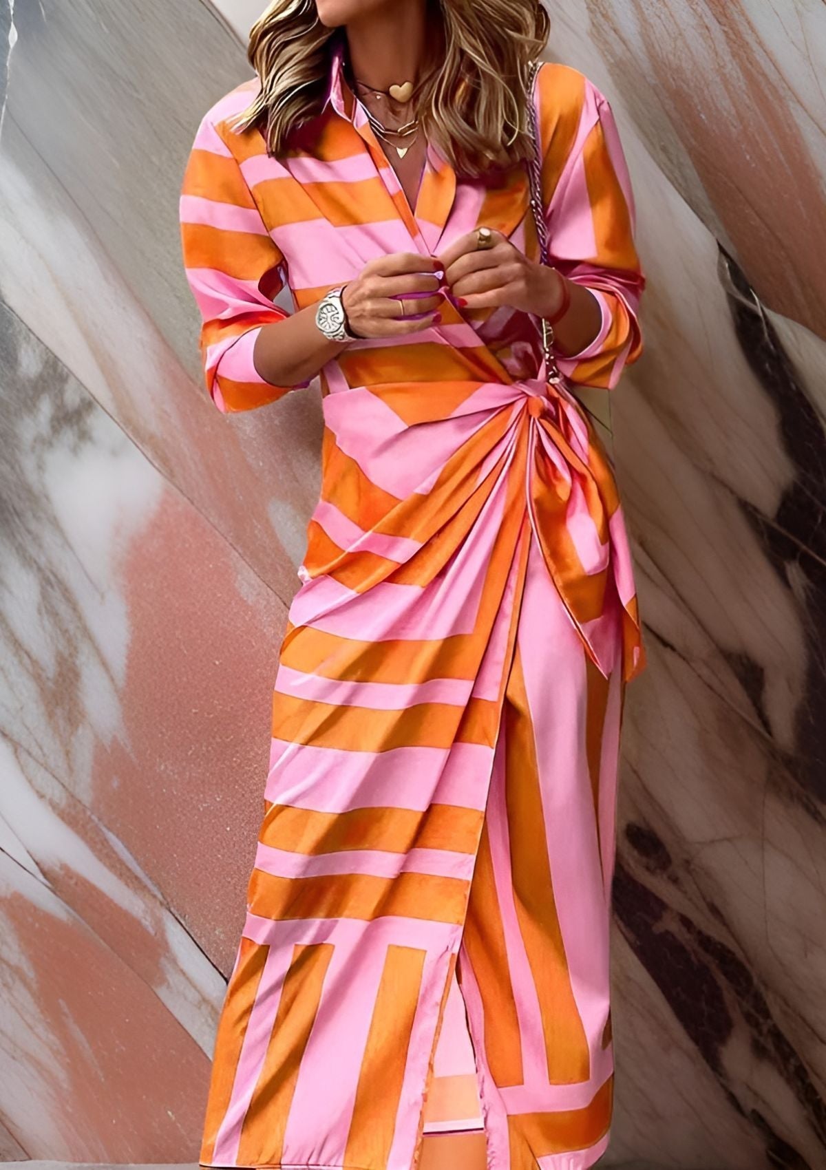 Elegant Geometric Print Wrap Dress for Women with Collar Long Sleeve Tie Waist High Slit Flowing Style