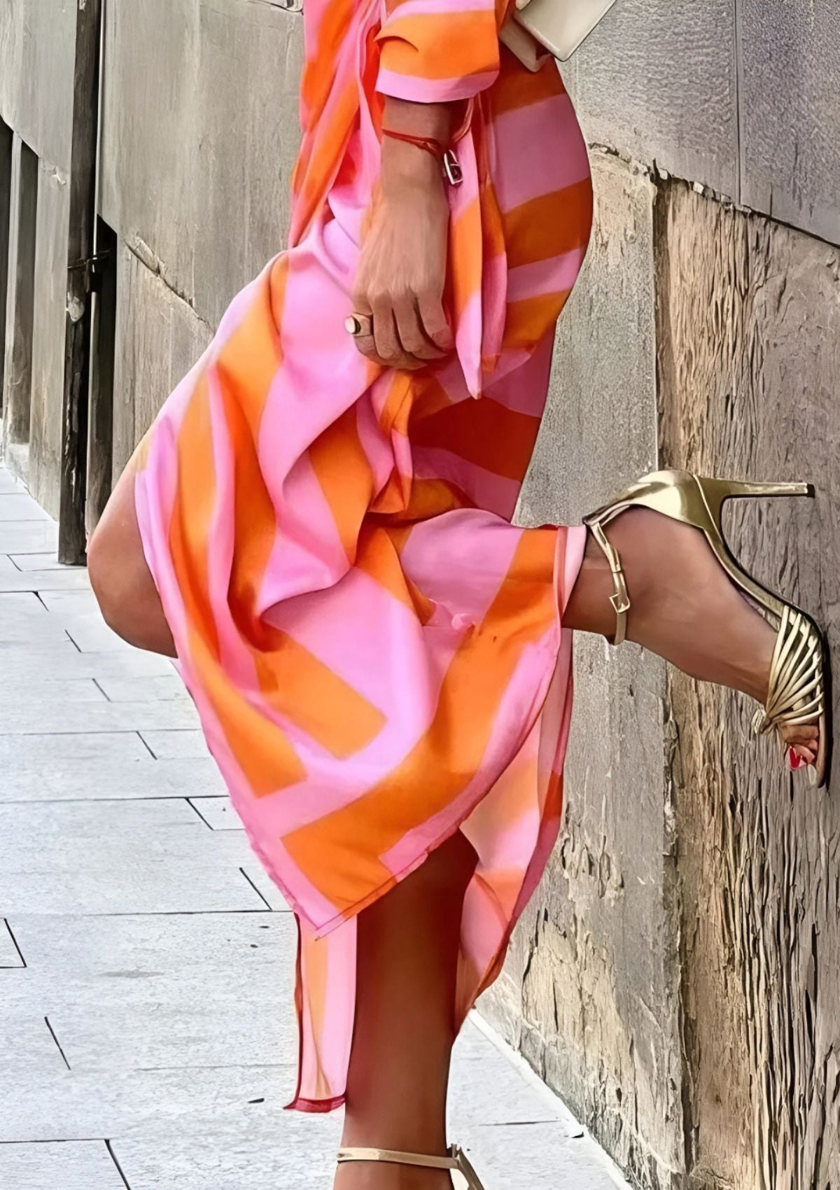 Elegant Geometric Print Wrap Dress for Women with Collar Long Sleeve Tie Waist High Slit Flowing Style