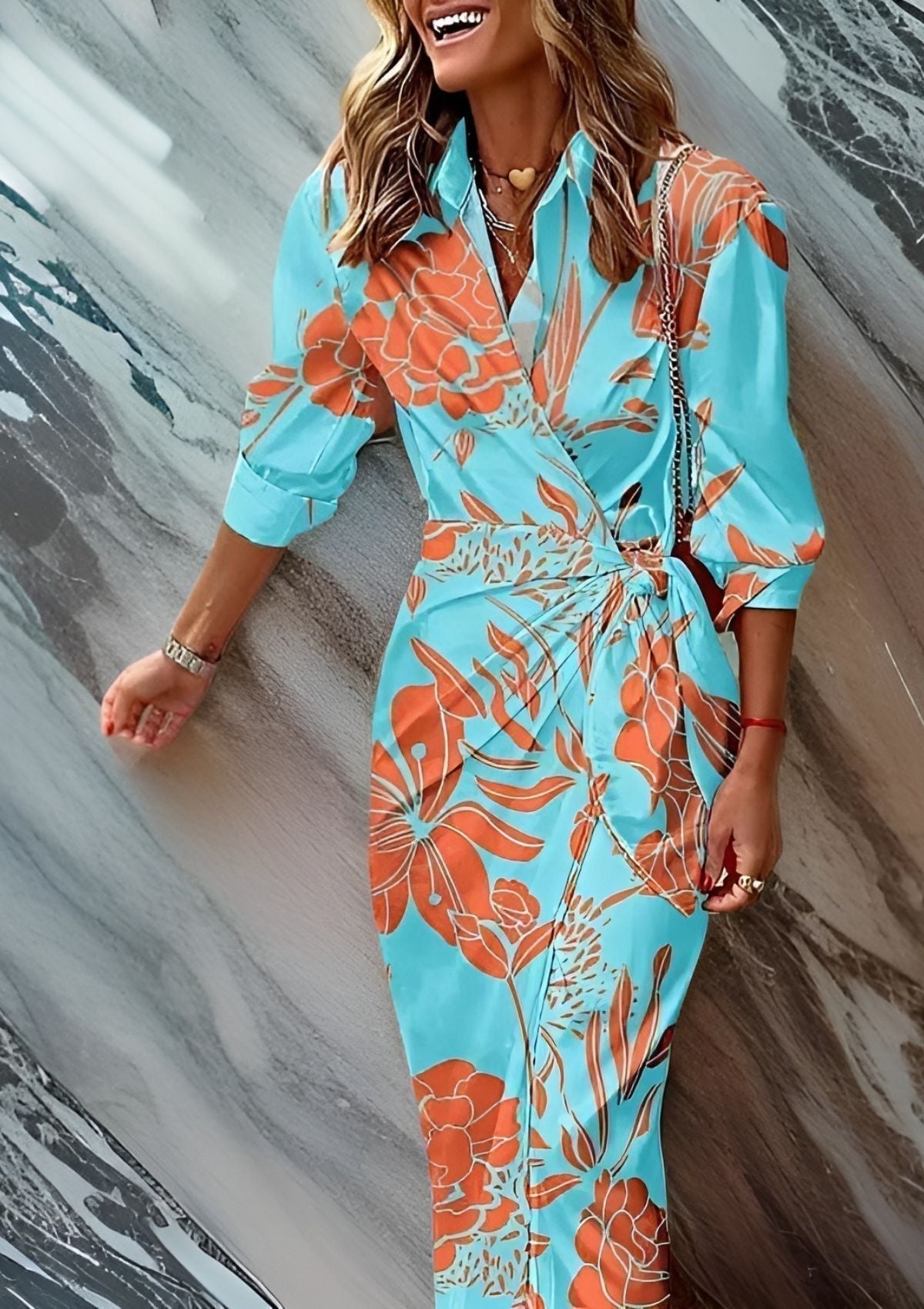 Elegant Geometric Print Wrap Dress for Women with Collar Long Sleeve Tie Waist High Slit Flowing Style