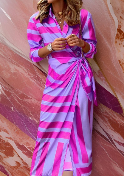 Elegant Geometric Print Wrap Dress for Women with Collar Long Sleeve Tie Waist High Slit Flowing Style