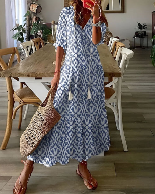 Effortless Ikat Print Maxi Dress for Women with V Neck Elbow Sleeve Tiered Bohemian Style