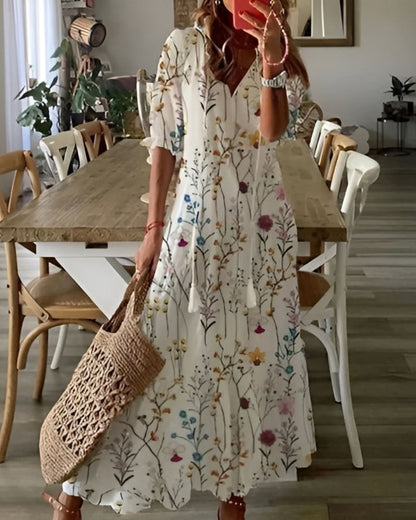 Effortless Ikat Print Maxi Dress for Women with V Neck Elbow Sleeve Tiered Bohemian Style