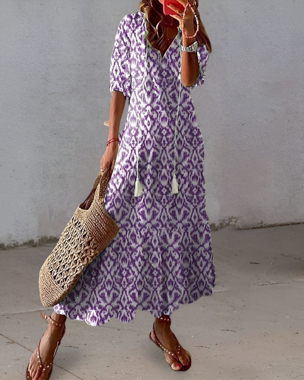 Effortless Ikat Print Maxi Dress for Women with V Neck Elbow Sleeve Tiered Bohemian Style