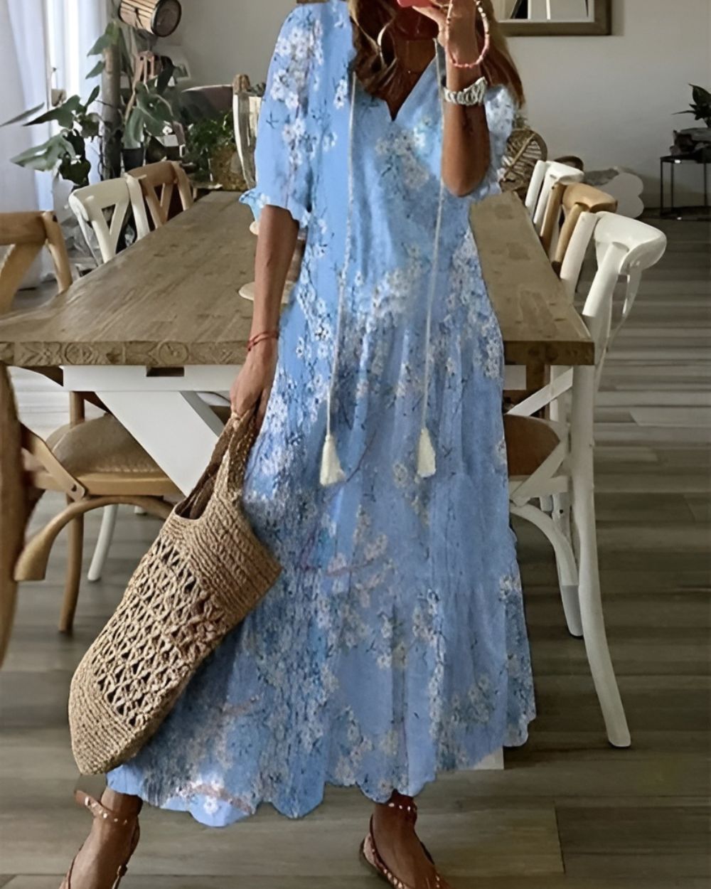 Effortless Ikat Print Maxi Dress for Women with V Neck Elbow Sleeve Tiered Bohemian Style