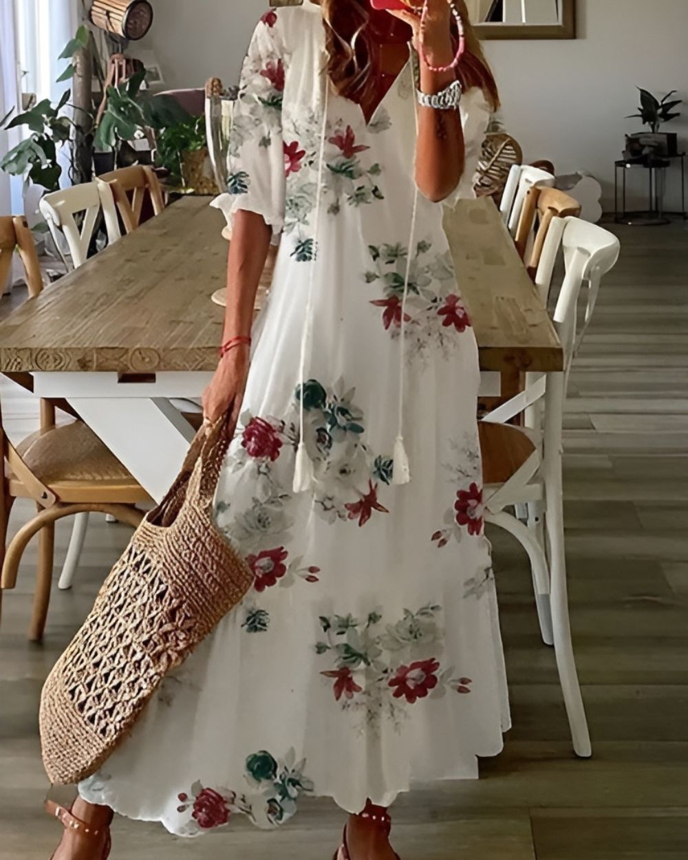 Effortless Ikat Print Maxi Dress for Women with V Neck Elbow Sleeve Tiered Bohemian Style