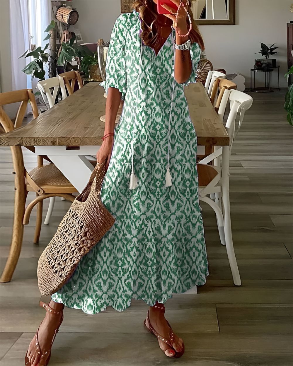 Effortless Ikat Print Maxi Dress for Women with V Neck Elbow Sleeve Tiered Bohemian Style