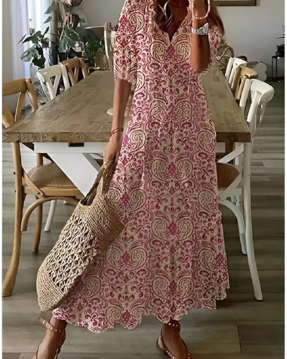 Effortless Ikat Print Maxi Dress for Women with V Neck Elbow Sleeve Tiered Bohemian Style