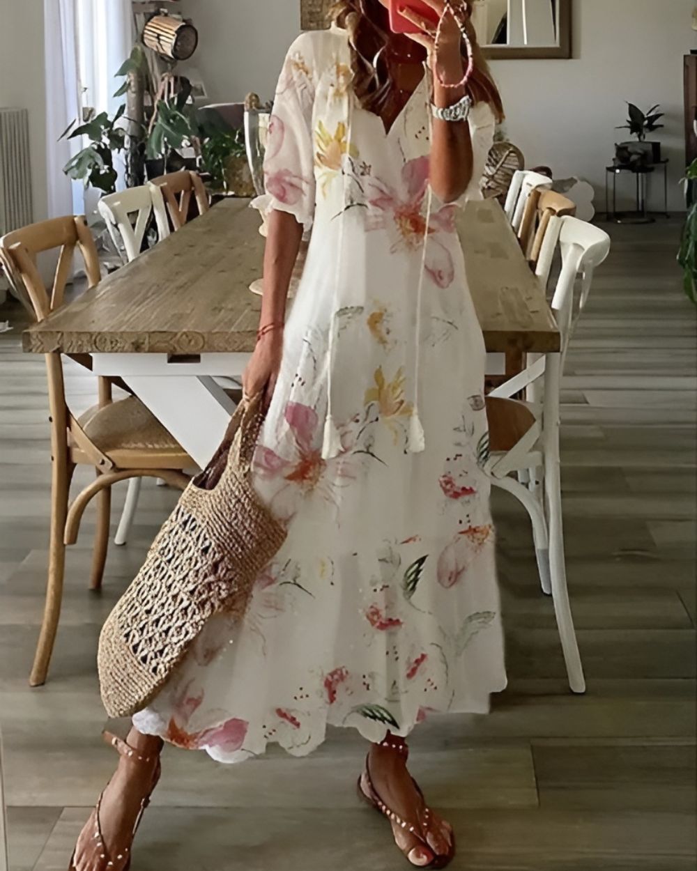 Effortless Ikat Print Maxi Dress for Women with V Neck Elbow Sleeve Tiered Bohemian Style