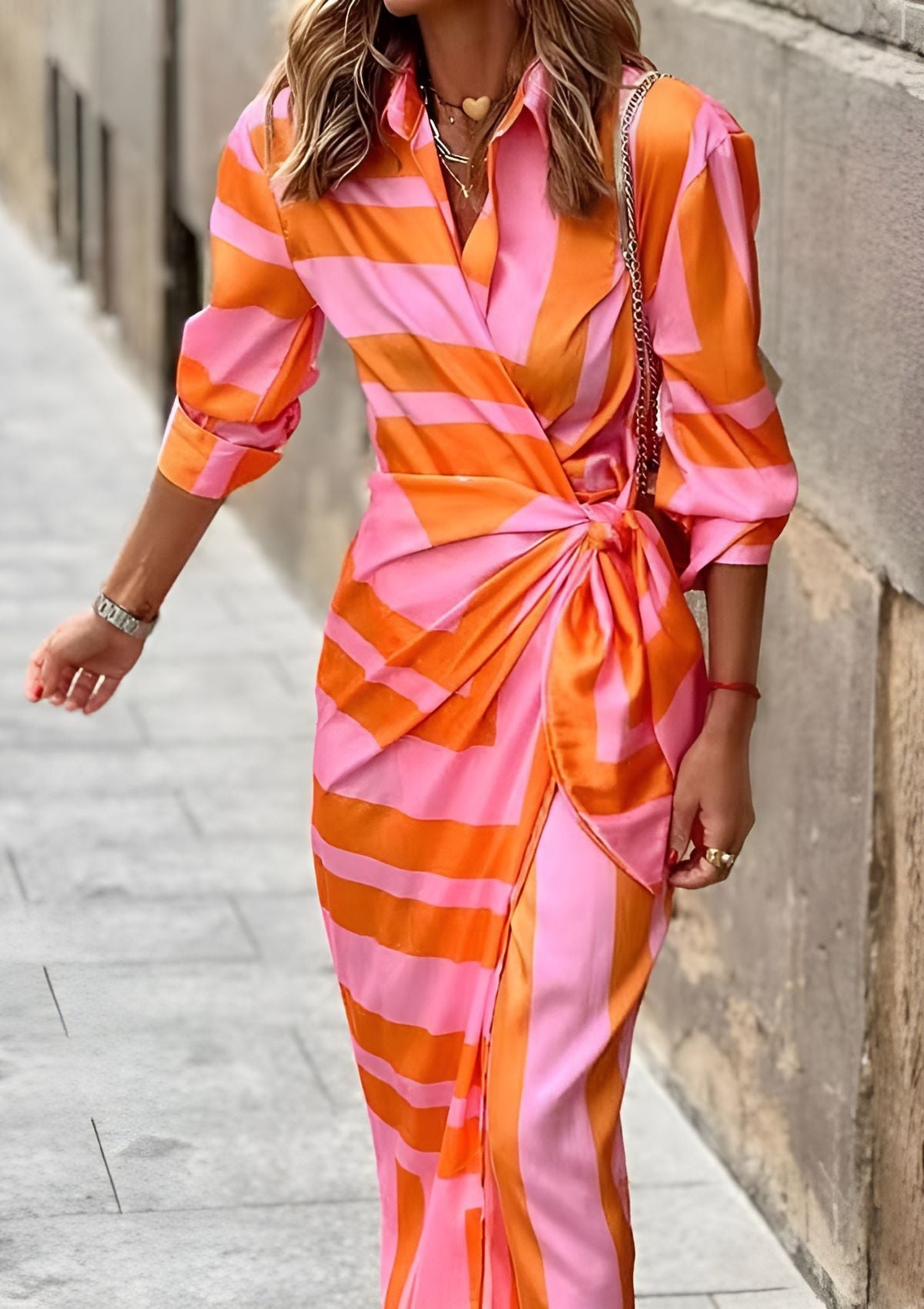 Elegant Geometric Print Wrap Dress for Women with Collar Long Sleeve Tie Waist High Slit Flowing Style