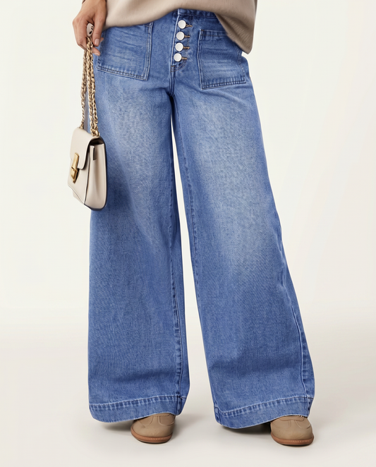 Chic Blue Wide Leg Jeans for Women with High Waisted Button Down Denim Easy Style
