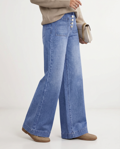 Chic Blue Wide Leg Jeans for Women with High Waisted Button Down Denim Easy Style