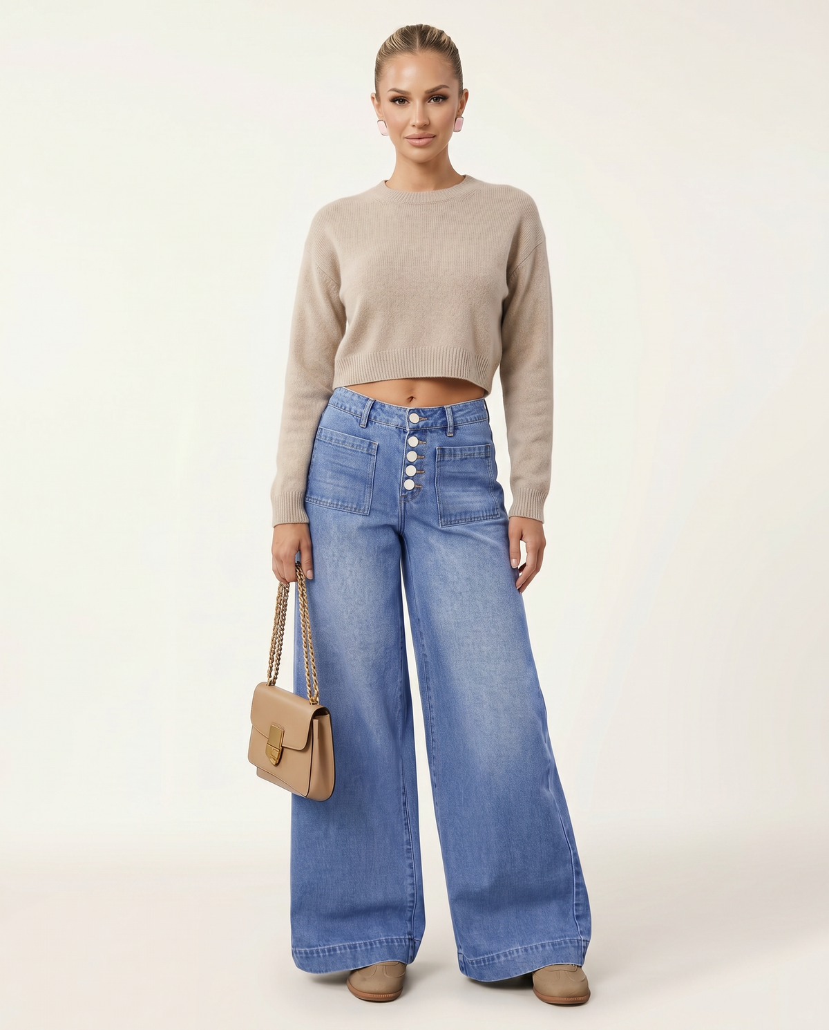 Chic Blue Wide Leg Jeans for Women with High Waisted Button Down Denim Easy Style