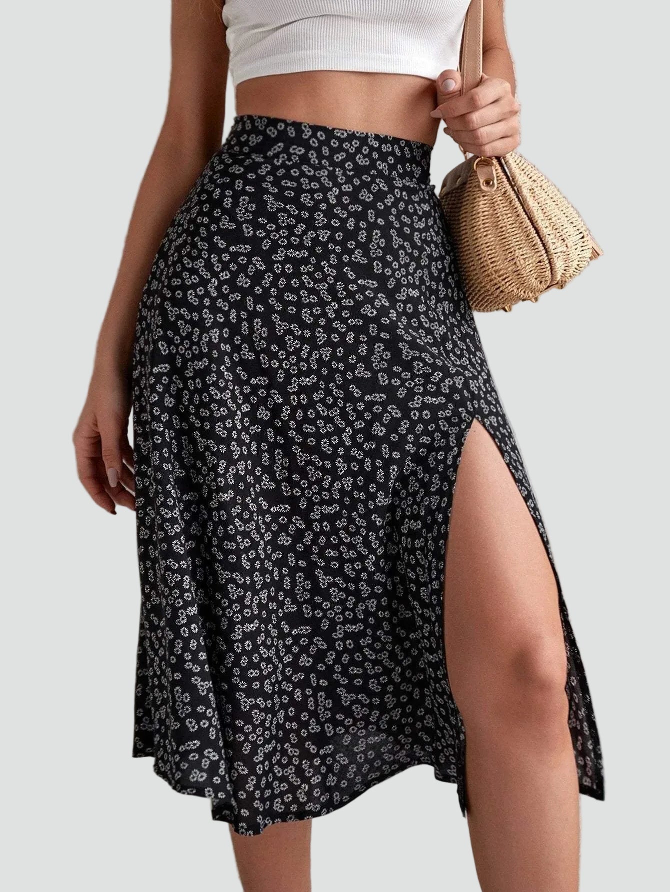 Effortless Floral Midi Skirt for Women with High Waist Side Slit Flowing Bohemian Style