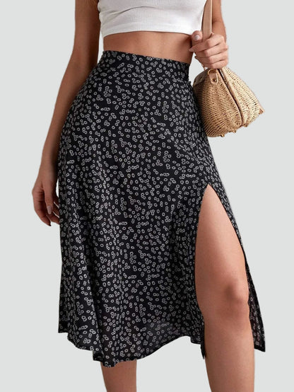 Effortless Floral Midi Skirt for Women with High Waist Side Slit Flowing Bohemian Style