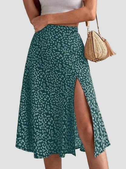 Effortless Floral Midi Skirt for Women with High Waist Side Slit Flowing Bohemian Style