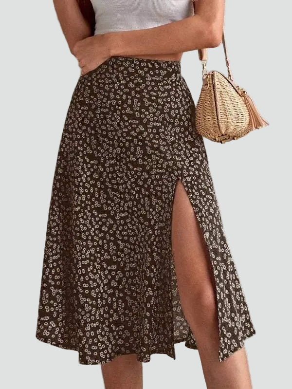Effortless Floral Midi Skirt for Women with High Waist Side Slit Flowing Bohemian Style