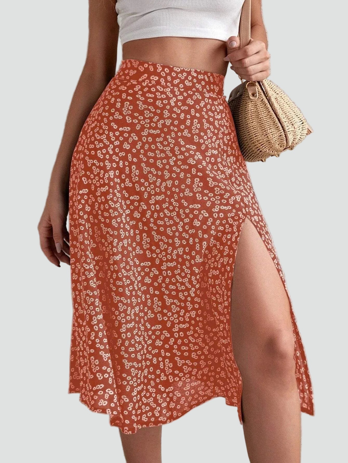Effortless Floral Midi Skirt for Women with High Waist Side Slit Flowing Bohemian Style