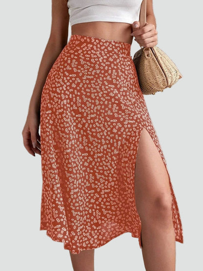 Effortless Floral Midi Skirt for Women with High Waist Side Slit Flowing Bohemian Style