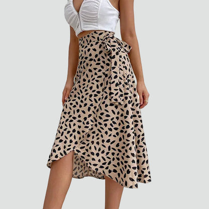 Effortless Leopard Print Wrap Midi Skirt for Women with High Waist Tie Front Asymmetrical Hem Flowing Style