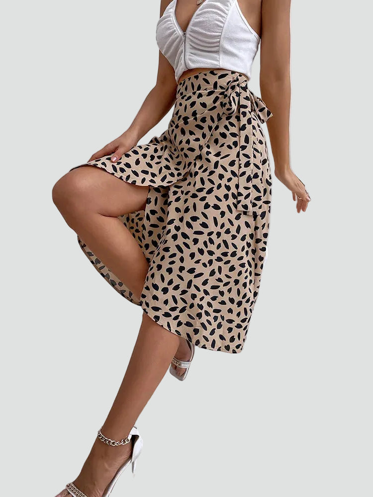 Effortless Leopard Print Wrap Midi Skirt for Women with High Waist Tie Front Asymmetrical Hem Flowing Style