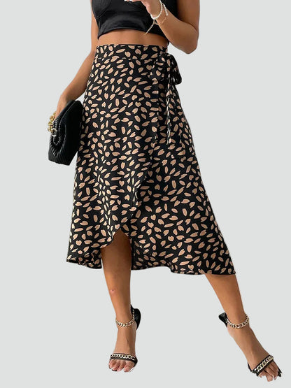 Effortless Leopard Print Wrap Midi Skirt for Women with High Waist Tie Front Asymmetrical Hem Flowing Style