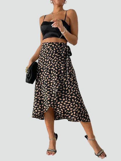 Effortless Leopard Print Wrap Midi Skirt for Women with High Waist Tie Front Asymmetrical Hem Flowing Style
