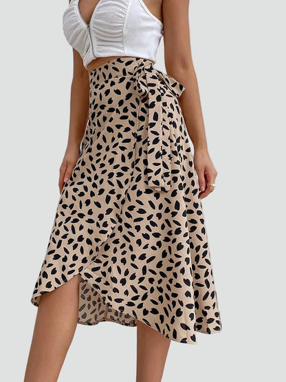 Effortless Leopard Print Wrap Midi Skirt for Women with High Waist Tie Front Asymmetrical Hem Flowing Style