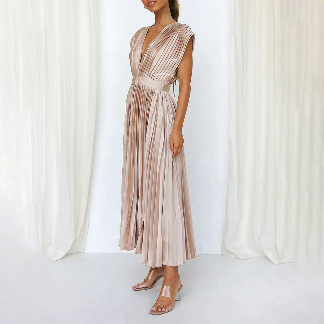 Elegant Pleated Satin Cocktail Dress for Women with V Neck Cap Sleeve Open Back Flowing Maxi Style