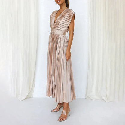 Elegant Pleated Satin Cocktail Dress for Women with V Neck Cap Sleeve Open Back Flowing Maxi Style