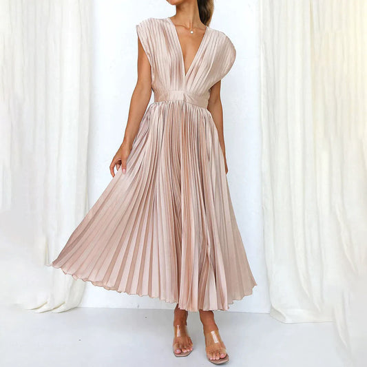 Elegant Pleated Satin Cocktail Dress for Women with V Neck Cap Sleeve Open Back Flowing Maxi Style