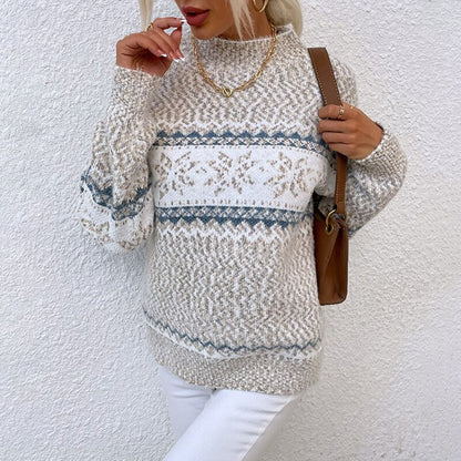 Comfortable Snowflake Print Sweater for Women with High Neck Long Sleeve Relaxed Oversized Knit Style