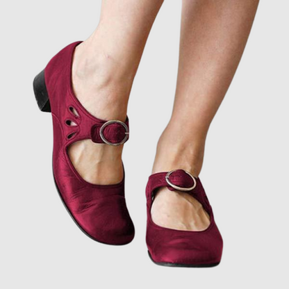 Elegant Leather Mary Jane Flats for Women with Buckle Strap Cutout Detail Block Heel Style