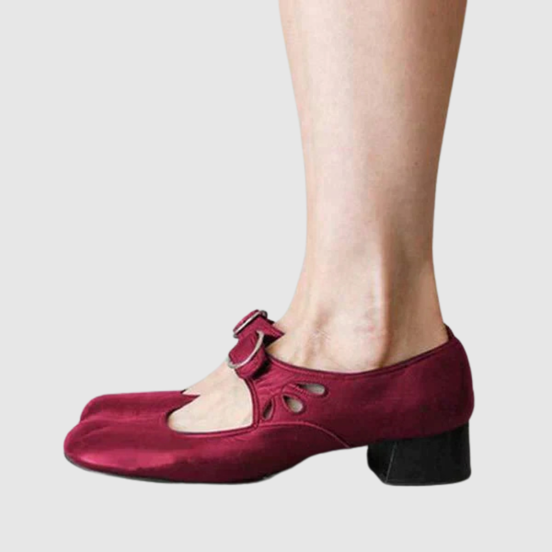 Elegant Leather Mary Jane Flats for Women with Buckle Strap Cutout Detail Block Heel Style