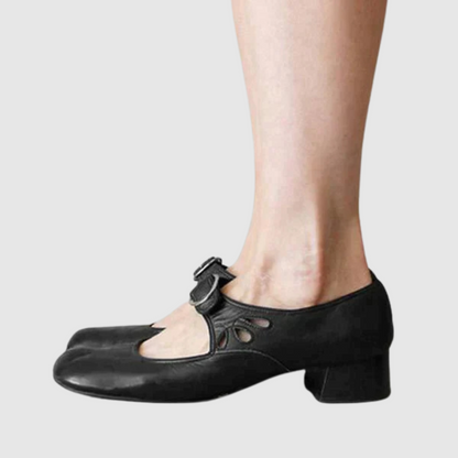 Elegant Leather Mary Jane Flats for Women with Buckle Strap Cutout Detail Block Heel Style