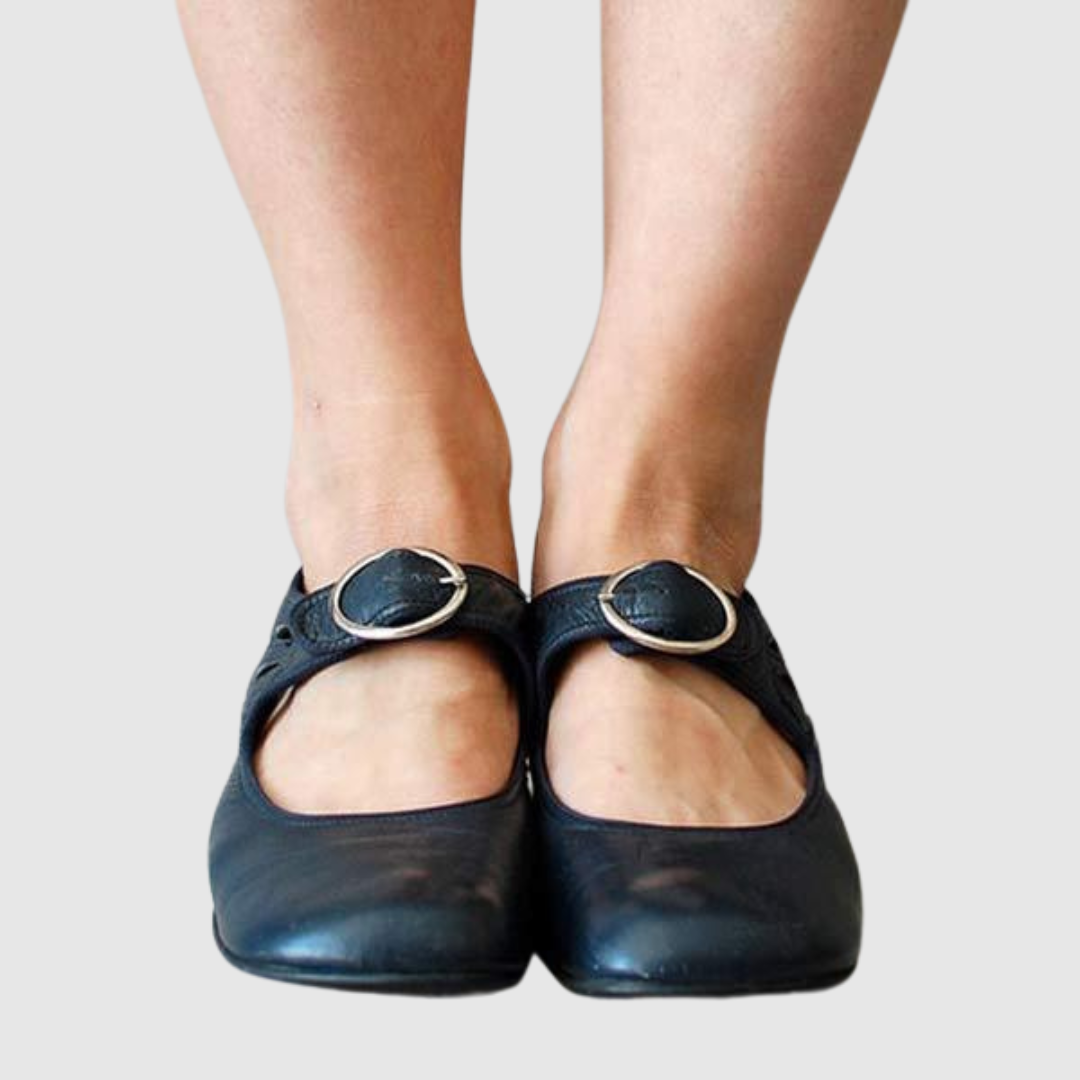 Elegant Leather Mary Jane Flats for Women with Buckle Strap Cutout Detail Block Heel Style