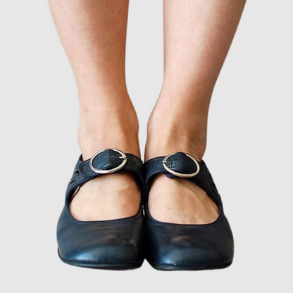 Elegant Leather Mary Jane Flats for Women with Buckle Strap Cutout Detail Block Heel Style