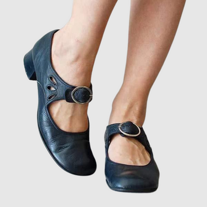Elegant Leather Mary Jane Flats for Women with Buckle Strap Cutout Detail Block Heel Style