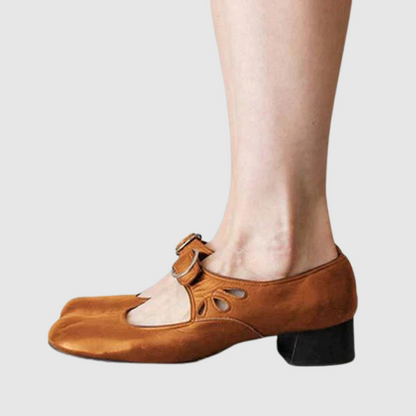 Elegant Leather Mary Jane Flats for Women with Buckle Strap Cutout Detail Block Heel Style