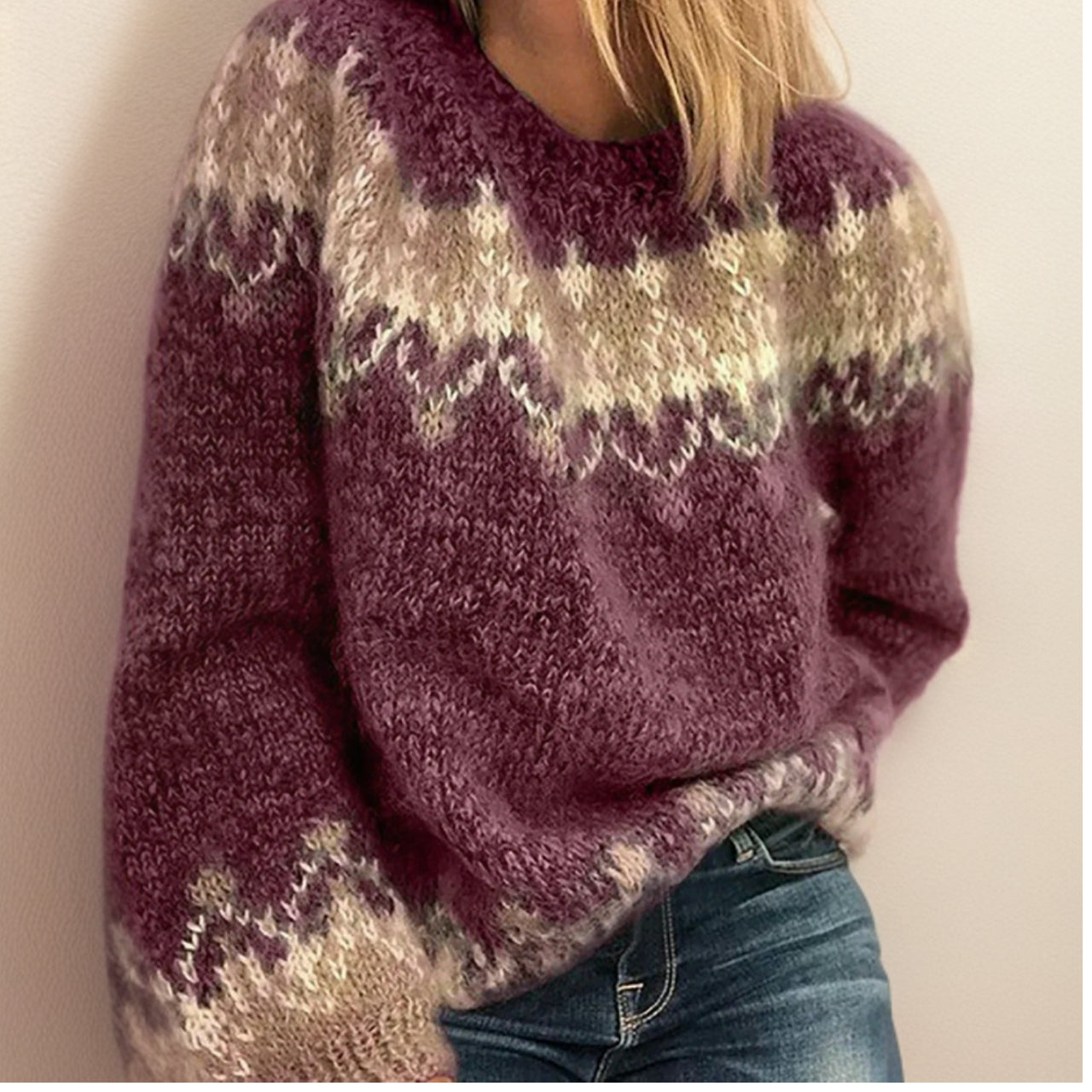 Comfortable Fair Isle Sweater for Women with Crew Neck Long Sleeve Relaxed Oversized Knit Style