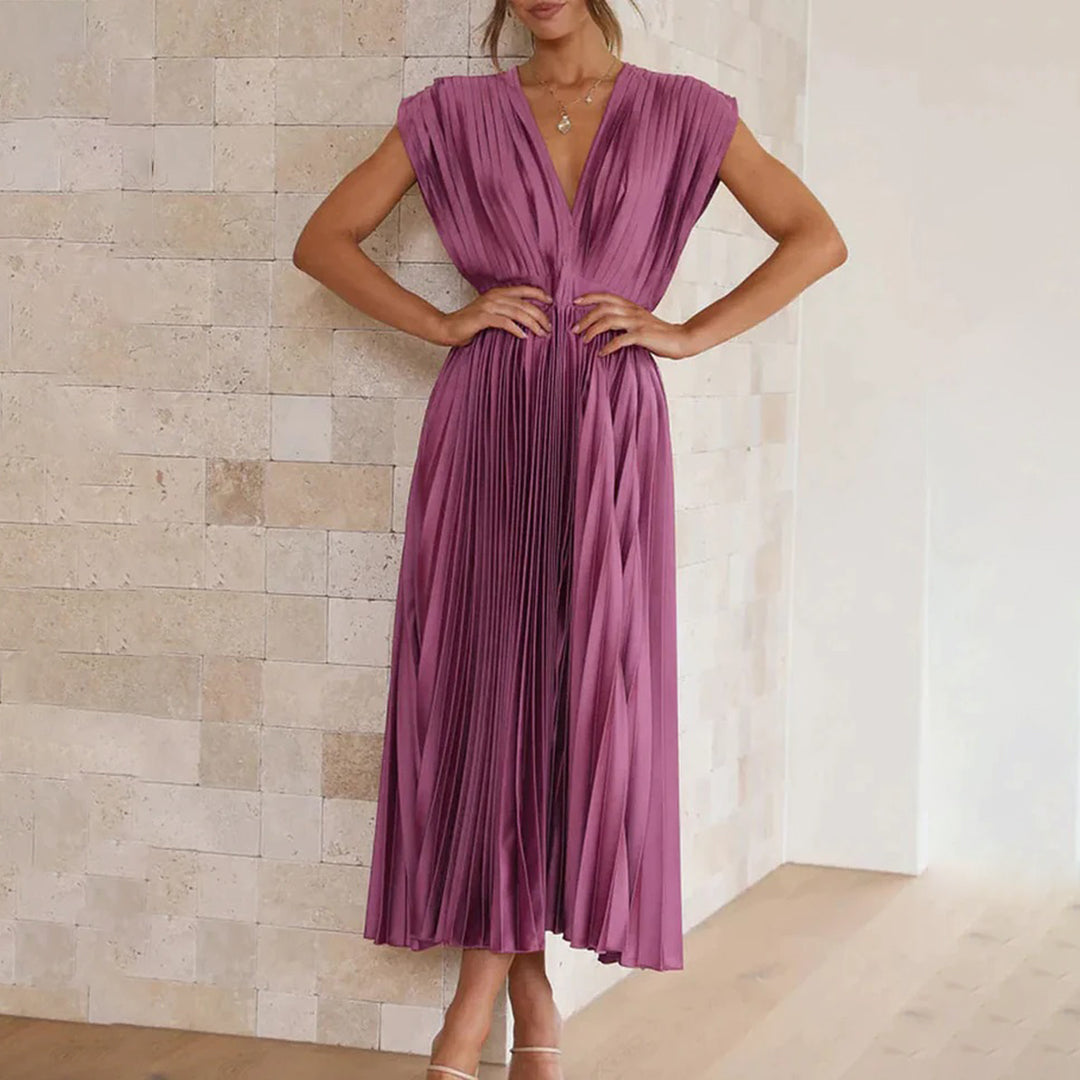 Elegant Pleated Satin Cocktail Dress for Women with V Neck Cap Sleeve Open Back Flowing Maxi Style